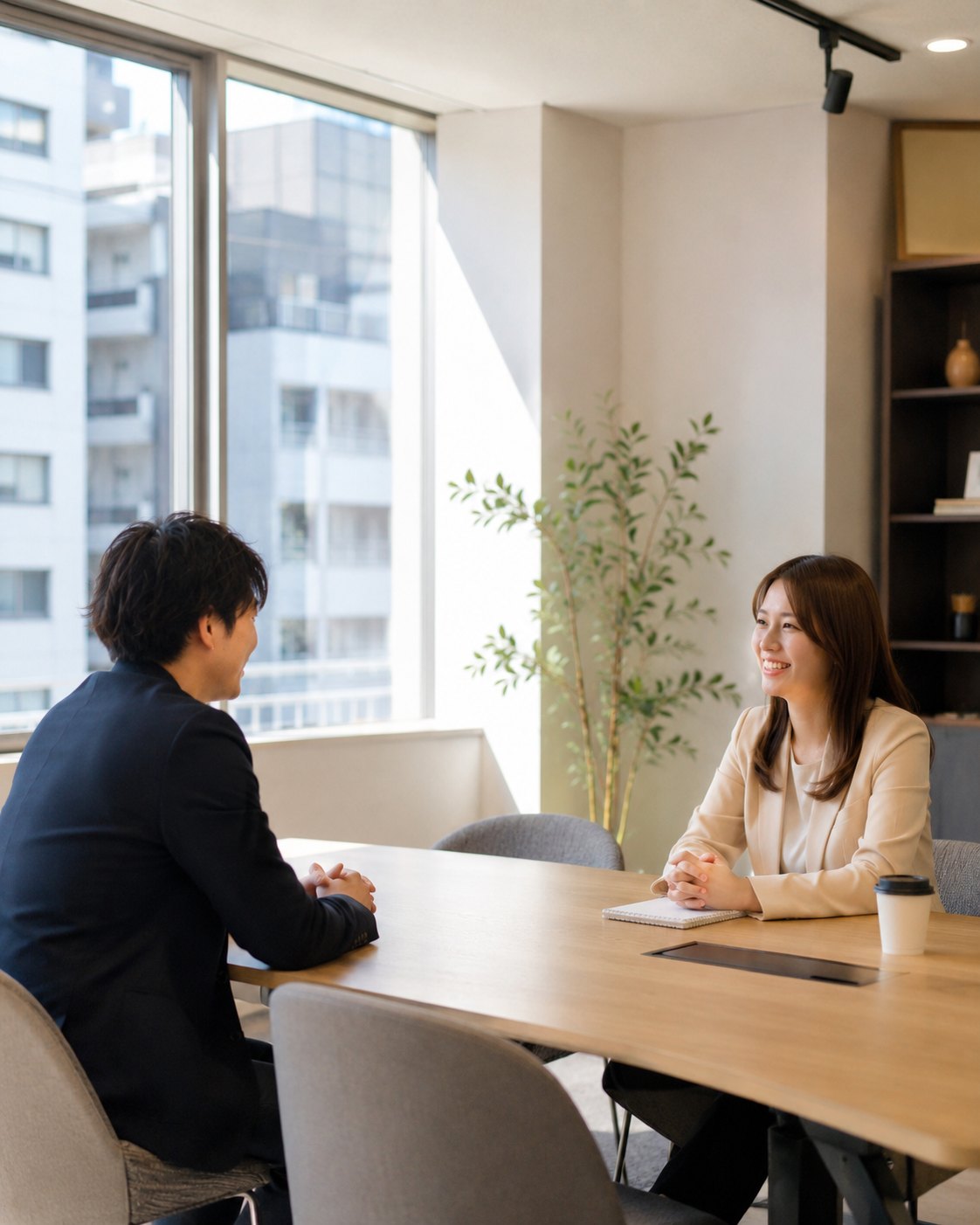 面談で向かい合って話す担当者と求職者